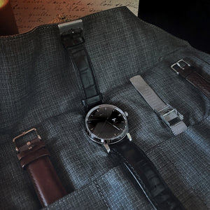 5 Watch Roll - Black Leather & Suit Grey