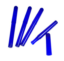 Load image into Gallery viewer, Five translucent cobalt blue fountain pens arranged on a plain white background, with one uncapped.