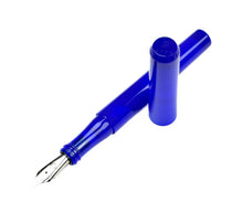 Load image into Gallery viewer, A glossy cobalt blue fountain pen with a matching blue cap, shown on a clean white background.
