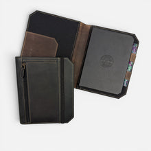 Load image into Gallery viewer, Franklin-Christoph Command Center Padfolio in black boot leather with elastic closure, zippered pocket, and interior slots for notebooks.