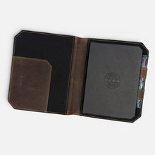 Load image into Gallery viewer, Franklin-Christoph Command Center Padfolio in distressed brown boot leather with black elastic closure and interior pockets.