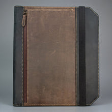 Load image into Gallery viewer, Franklin-Christoph Command Center Padfolio in distressed brown and black boot leather with elastic closure and zippered pocket.