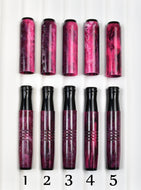 Five CAPS26 pocket 45 sets in pink marble by Franklin-Christoph, ideal for display at the California Pen Show.