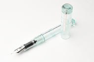 Franklin-Christoph Model 31 Omnis Fountain Pen in Antique Glass, silver nib, light aqua cap on white background.