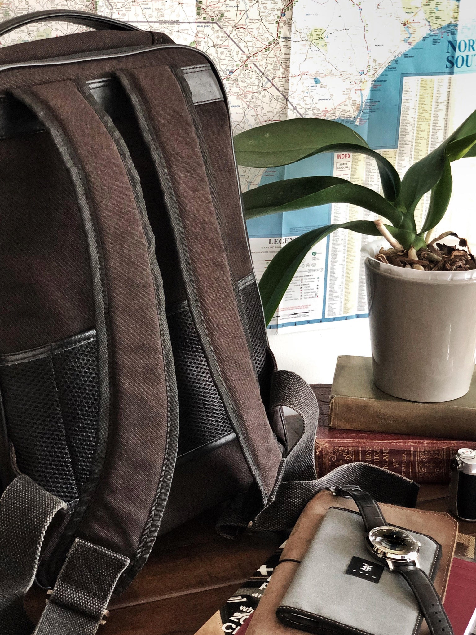 bp faux leather backpack Fortis Backpack Iron Brown canvas w/ Black Leather accents