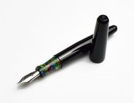 Franklin-Christoph pocket 66 Fountain Pen - Black Cathedral, colorful grip, silver nib, cap off on white background.